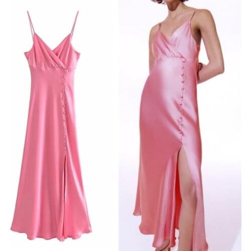 Summer Dress Woman Za 2021 Pink Satin Long Dress Women Black Backless Slip Sexy Party Dresses Red Midi Elegant Dresses