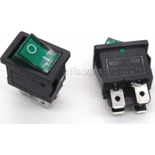 10PCS Ship Type Switch Green Light 15*21mm 4PIN ON OFF Rocker Switch 6A/250V 10A/125V LCD TV Power Switch 4 Contact Points