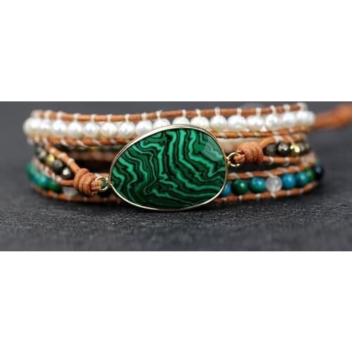 2021 High quality Natural Stones Malachite Charm Wrap Bracelets for women Freshwater pearl Handmade Boho jewelry drop shipping