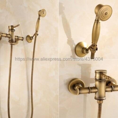 Antique Brass Wall Mounted Bathroom Faucet With Hand Held Shower Head Bathroom Shower Faucet Set Mixer Tap Ntf400