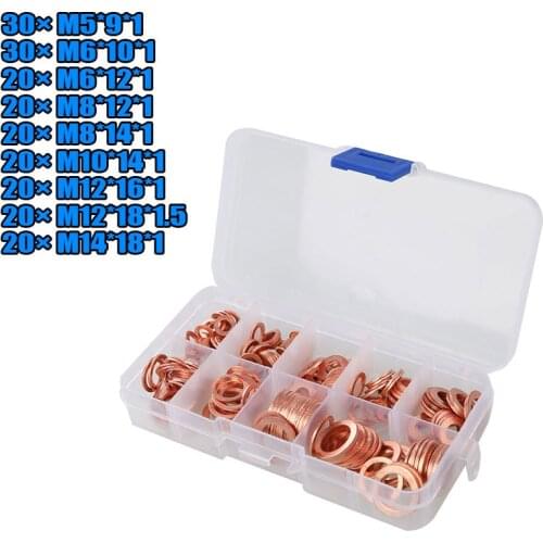 200 Pcs Car Copper Washer Flat Ring Seal Kit Oil Seal Sheet Gasket Garage Engine Washer Auto Repair Tools M5 M6 M8 M10 M12 M14