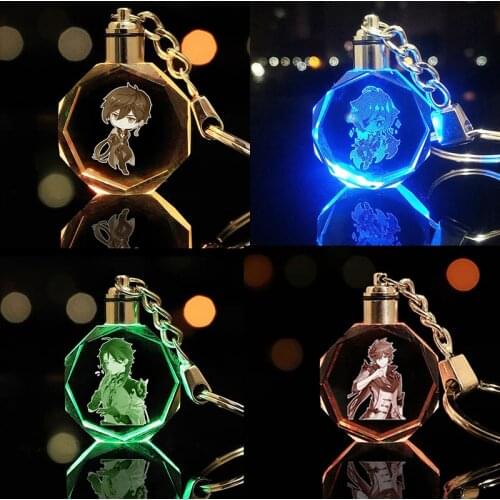 Genshin Impact Keychains Led Xiao Zhongli Childe Venti Rosaria Ganyu Keqing Cosplay Keyrings Decor