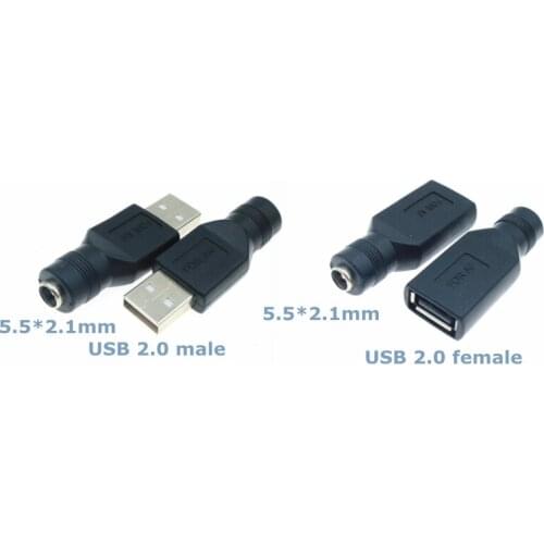 Color Female Jack To USB 2.0 Male Plug / Female Jack 5V DC Power Plugs Connector Adapter Laptop 5.5*2.1mm Black Round Hole Plug
