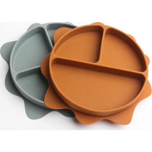Baby Suction Cup Bowl Non-toxic BPA-Free Silicone Sun Shaped Divided Dinner Plate Infants Learning Feeding Dish