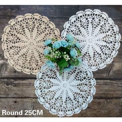 25cm Round Vintage Cotton Lace Christmas Placemat Crochet Flowers Table Coaster Kitchen Dinner Doily Tea Mug Wedding Decor Pad
