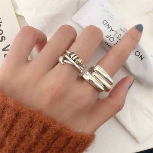 HUANZHI 2020 NEW Simple Korean Trend Geometry Irregular Silver Color Square Multilayer Ring for Women Girls Party Trendy Jewelry