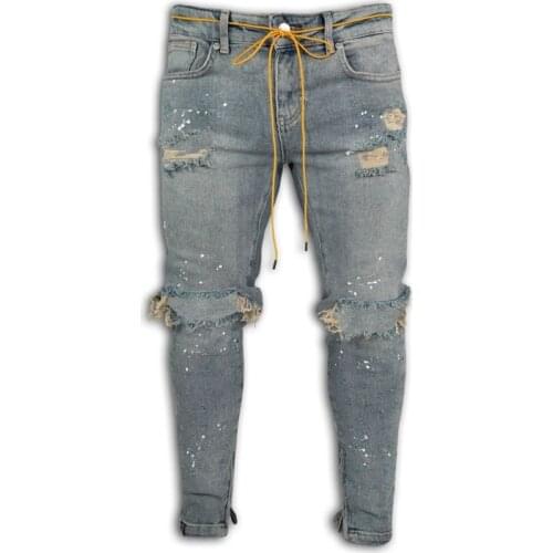 Mens Large Size Trousers Slim Hole Micro-Elastic Paint Tight Casual Fashion Street Waist Small Foot Jeans