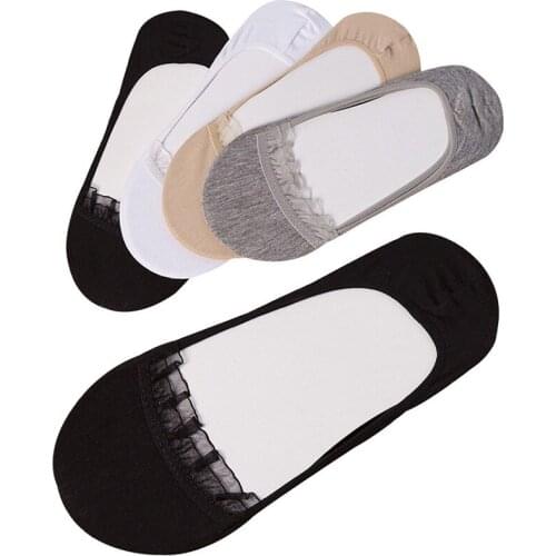 5 Pairs Women Socks Low Mouth Invisible Lace Elasticity All-match Boat Socks Summer Absorb Sweat Breathable Solid Female Sock