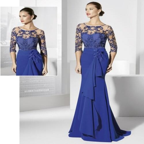 New Design Scoop Neckline Long Elegant Long Evening party gown lace appliques Vestido Longo De Renda mother of the bride dresses