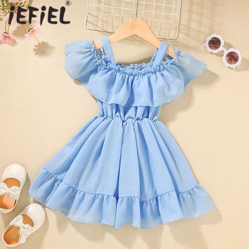 Toddler Baby Girls Off-Shoulder Ruffles Pleated Dress Children Girls Party Dress Solid Color Ball Gown Kids Girl Clothes 1-5 Y