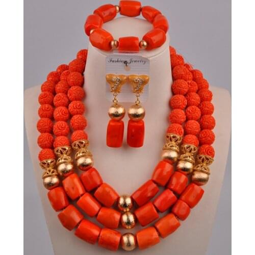 Orange Coral Set Nigerian Wedding African Beads Jewelry Set Coral Beads Bridal Jewelry Sets for Women 2-17-C2