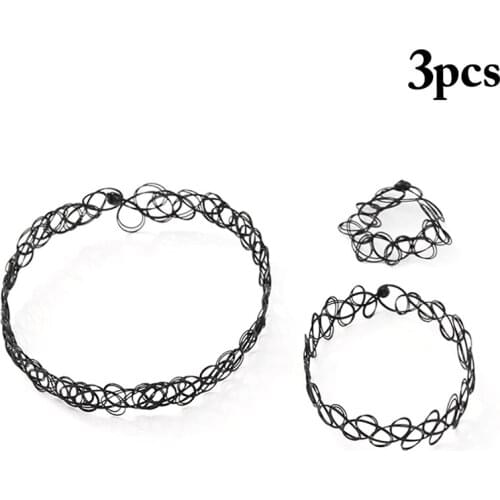 3PCS Fishline Choker Necklace Set Stretch Tattoo Necklace with Bracelet and Finger Ring Elastic Hollow Chocker Jewellery