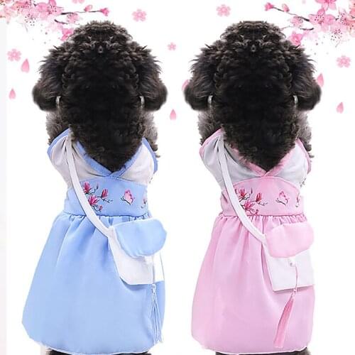 Pet Chinese style Chinese dress satchel chiffon cat dog two-foot clothes pet supplies in spring and summer