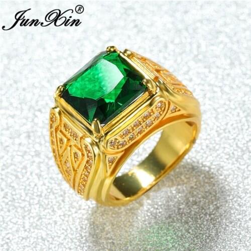 Luxury Mens Geometric Square Green Stone Ring Yellow Gold Wedding Bands Vintage Cz Female Male Engagement Rings For Men Women