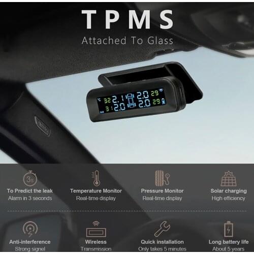 Car Solar TPMS Tire Pressure Monitoring System with 4 Sensors Alarm Real-Time LCD Display For Car Truck Tire Pressure Monitor