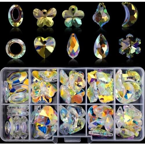 50Pcs/Box Shiny AB Austrian Crystal Teardrop Pendant Mixed Shape Glass Beads Love Heart DIY Making Charm Earing Necklace Jewelry