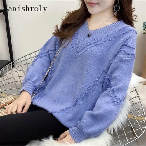 Sanishroly Autumn Winter Women Bottom Tassel Sweaters Solid V-Neck Sweater Female Slim Long Sleeve Pullover Knitwear Tops SE712