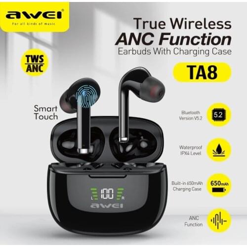 Awei ANC Active Noise Cancelling Earbuds TWS Wireless Earphone Bluetooth 5.2 With LED Display Sport ANC Earphones TA8