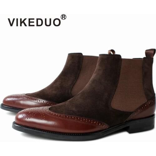 Vikeduo Hand Made High Quality Full Grain Calf Skin & Suede Ankle Style Chelsea Mens Leather Boots Brown