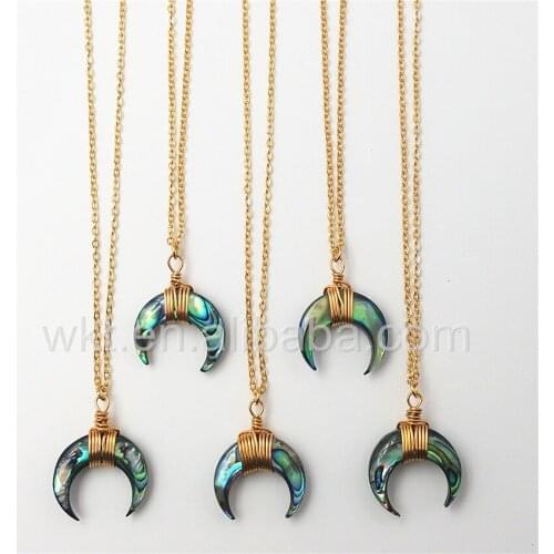 WT-N803 Very hot sale lovely natural abalone crescent horn shell necklace, handmake wire wrapped shell horn necklace