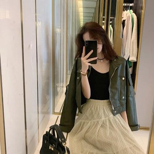 2021 Spring Stand collar Big pocket Black Green Beige Faux leather Jacket Streetwear Women Casual MOTO Biker Jacket Female Coat