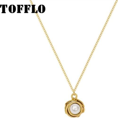 TOFFLO Stainless Steel Jewelry Shell Imitation Pearl Necklace Womens Elegant Clavicle Chain BSP940