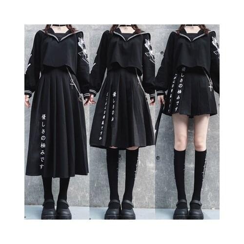 New Women Preppy Style Summer Fashion Punk Gothic Girls Harajuku Black Skirt Embroidery Removable Chain Pleated Long Skirts