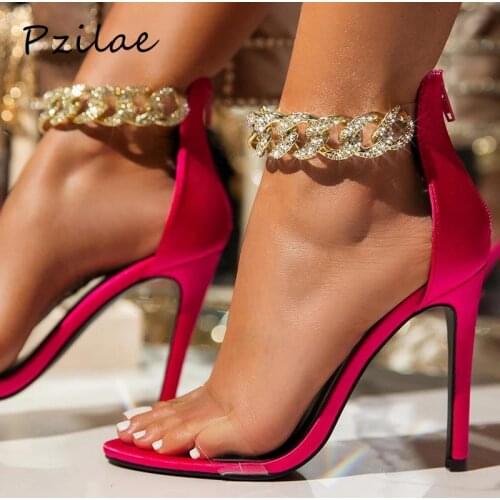 Pzilae 2021 New Summer Crystal Chain Ankle Strap Sandals Women Sexy Open Toe High Heels Ladies Shoes Wedding Party Pumps Zipper