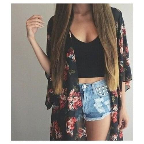 Women Casual Vintage Kimono Cardigan Ladies 2021 Summer Long Crochet Chiffon Kimono preto Loose flora printed Tops Black