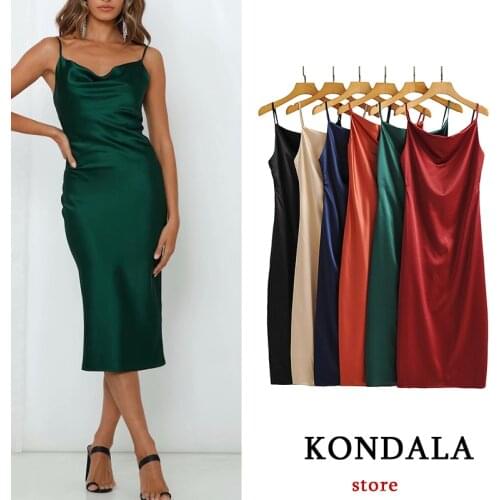 KONDALA Za Fashion 2021 Women Silk Sheath Sexy Mid-Calf Dress Sleeveless Stain Solid Vintage Vestidos Chic Red Elegant Dresses