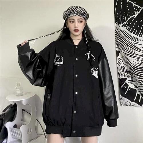 Baseball clothes jersey windbreaker jacket black leather sleeve Harajuku women winter autumn all-match Korean aesthetic coats