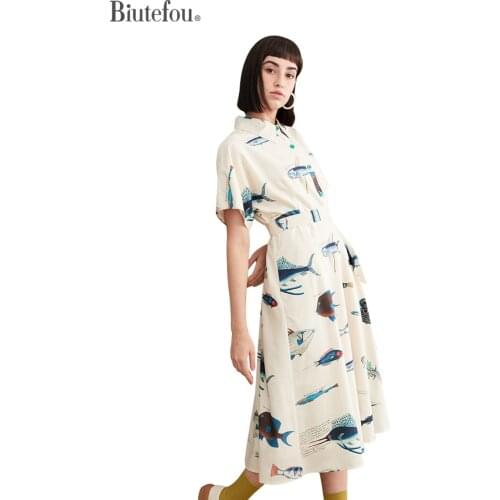 【Biutefou】2021 Original Design Summer Women Long Wonderful Fish Print Dress With Belt