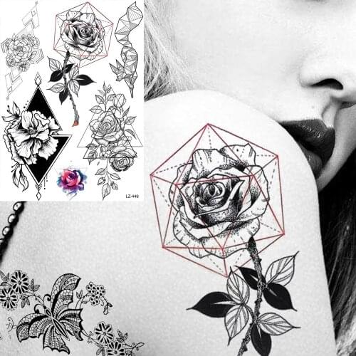 GoldOcean Sexy Geometric Rose Wildflower Waterproof Tattoos Stickers Women Body Arm Chest Tatto Temporary Fake Black Fox Tattoo