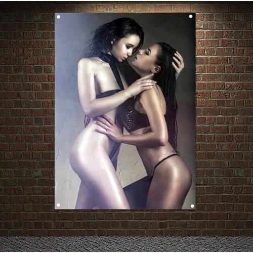 Two Girlfriends In Love Posters Canvas Painting Two Beautiful Sexy Lesbian Women In Erotic Foreplay Game Banner Flag Tapestry