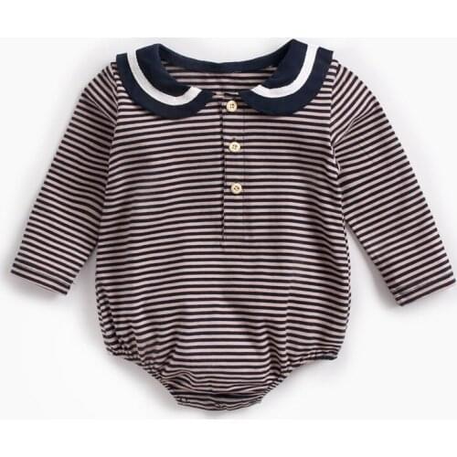 Twins baby clothes newborn bodysuit navy baby infant clothing striped peter pan collar baby jumpsuit long sleeved sailor spring