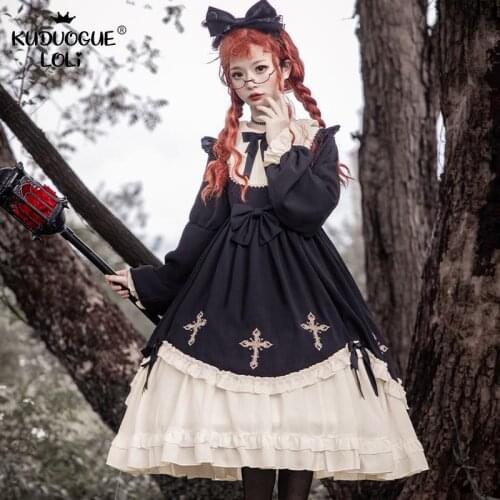 Summer Lolita Dresses Girls Long Sleeve Ruffles Ribbons Cross Stitch Cute Sweet Doll Collar Bows Prom Women Cosplay Party Spring