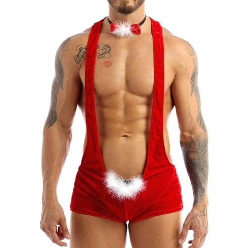MSemis Men Sexy Erotic Hot Underwear Gay Velvet Christmas Lingerie Leotard Bodysuit Wrestling Singlet Jockstrap with Bow Tie
