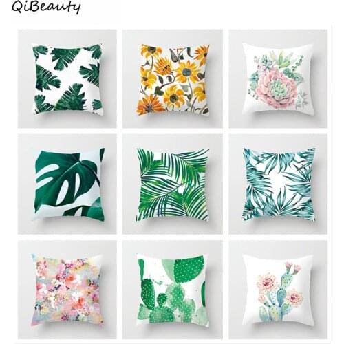 Tropical Plants Palm Leaf Green Leaves Monstera Cushion Covers Hibiscus Flower Cushion Cover Decorative Beige Linen Pillow Case