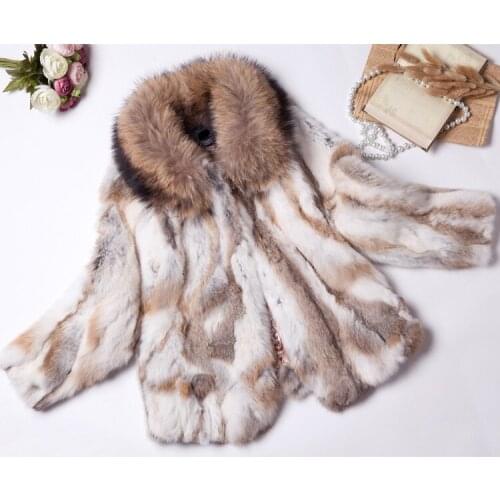 New womens Real genuine natural rabbit fur coat with raccoon fur collar fashion fur jacket outwear custom any size