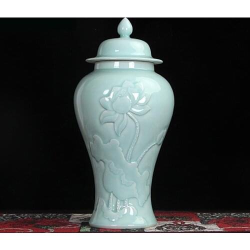 New Chinese Style porcelain Ginger Jar Vase Ornament European Style Handicraft lotus carving ceramic temple jar vase