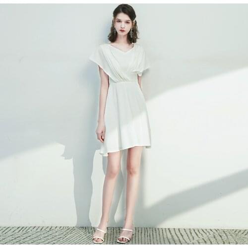 Special Occasion Dresses Vintage V-Neck Short Luxury White Knee-Length A-Line Pleat Pearls Satin Fashion Women Prom Gown E1019