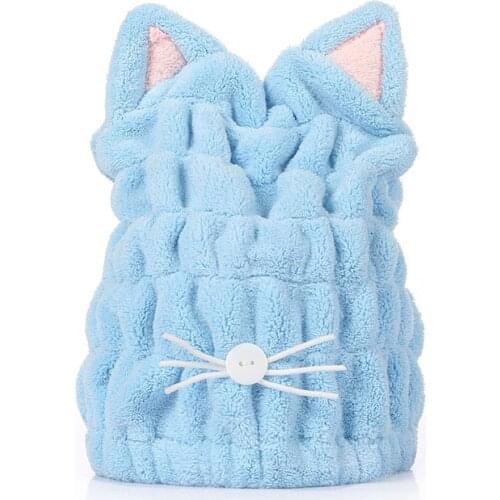 Drying Towel Microfiber Solid Womens Cap Head Wrap Hats Cat Ears Shape Cute Coral Velvet Dry Hair Hat Bath Accessories