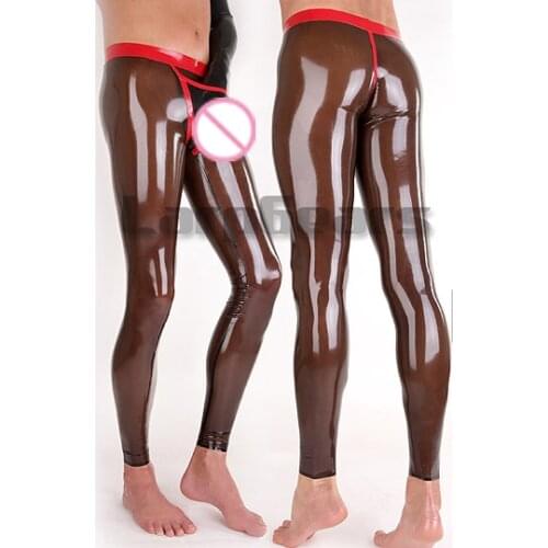 Transparnet brown with red Latex Men Pants with crotch cover Rubber Jeans Leggings