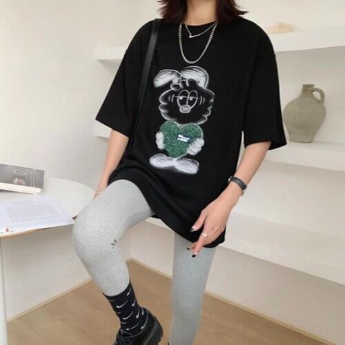 Cartoons print 2021 womens cotton large size loose short-sleeved T-shirt mid-length Tops soft summer T-shirt