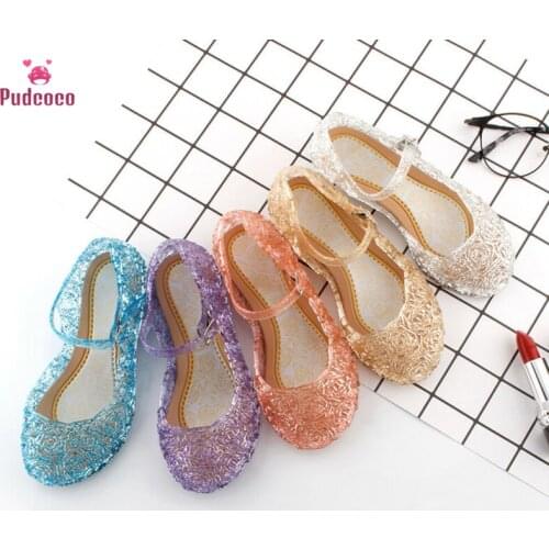 Pudcoco Summer Kids Girls Crystal Jelly Sandals Cinderella Princess Frozen Elsa Cosplay Party Dance High-Heeled Shoes