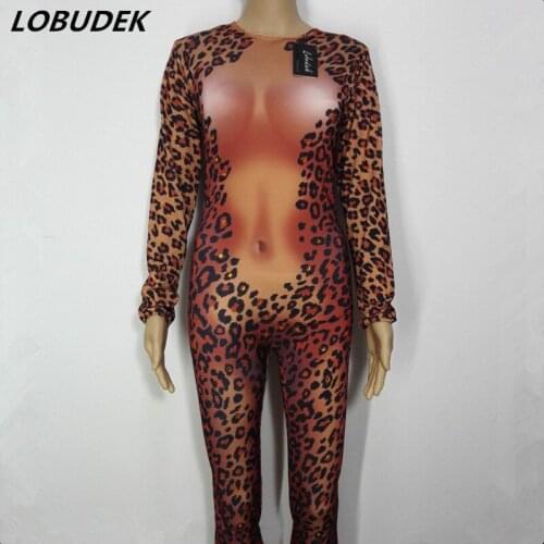 Leopard printing sexy female slim jumpsuit Rompers show stage costumes nightclub bar party singer star performance Stage wear