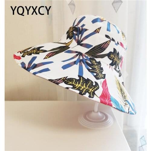 YQYXCY Bucket Hat Summer Women Spring Flower Leaf Print Fisherman Cap Sunshade Sun Hat Female Folding Casual Big Wide Brim