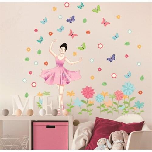 Pretty Ballerina girl wall sticker PVC Material DIY Butterfly flowers wall decals for Childrens room bedroom wall decor sticker