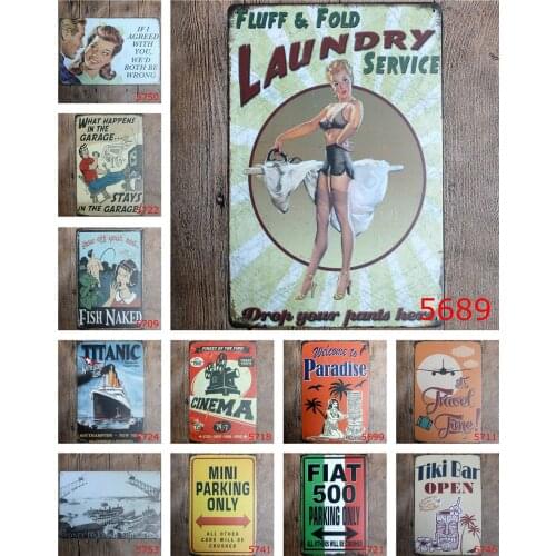 Fluff & Fold Laundry Service Drop Your Pants Here Vintage Metal Tin Show Off Your Rod Fish Naked for Bar Wall Decor Metal Sign