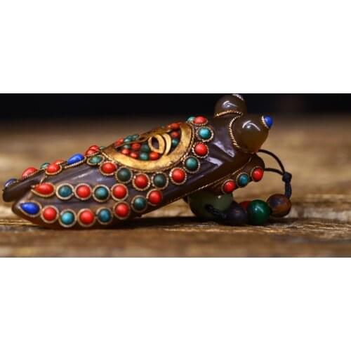 Tibet temple Old Natural agate Filigree mosaic Gem Dzi Bead Golden Cicada Statue Blockbuster Pendant Amulet Town House Exorcism